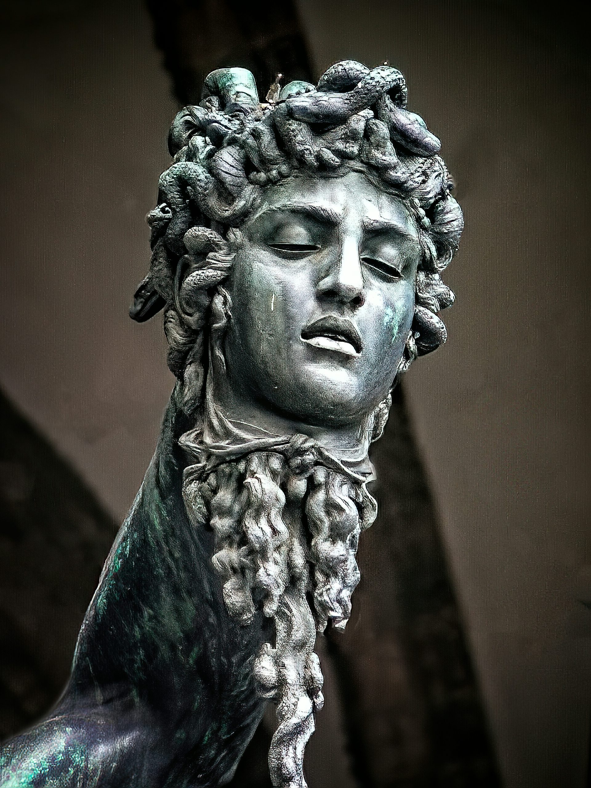 Medusa's decapitated head in Cellini's "Perseus with the Head of Medusa"